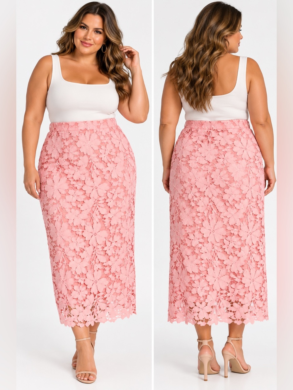 Pink Floral Lace Party midi skirt